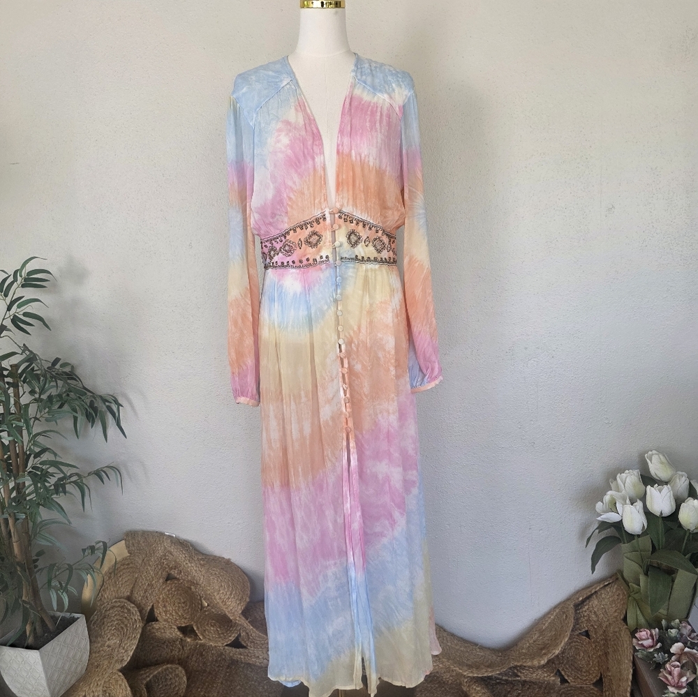 Free People Summer of Love Kimono Maxi Dress Tie Dye Boho Beaded Waist S - Picture 7 of 14